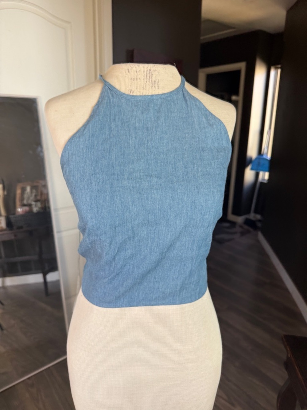 Flying Tomato Light Blue High-Neck Denim-Look Crop Top with long ties one size - Picture 4 of 8